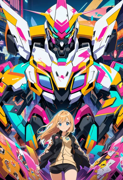 Anime girl with orange and white jacket and black jacket surrounded by stickers, Anime Mecha Aesthetics, anime style 4 k, anime graphic illustration, mecha asthetic, anime robotic mixed with organic, digital anime illustration, anime style illustration, Cu...