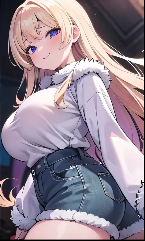   1 girl,   short 、 blonde alone、 long hair、Blonde、 golden hair 、Curly hair、 purple eyes ,  1 girl 、((( Details、 beautiful face))) outside、 Big Breasts 、 Bitch、Big Breasts,  , pink lips、  knight 、Best shadow、Best lighting、（(( Long Sleeve 、Thick knit、 denim...