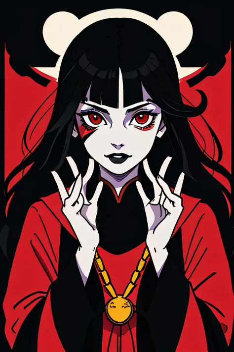 (best-quality:0.8), (masterpiece), perfect anime illustration, 1girl, portrait shot,  black hair, villain, black kabuki makeup, fullbody painting, red and black tones, an album cover inspired by Taro Yamamoto, tumblr, 3/4 view,  felix englund style,