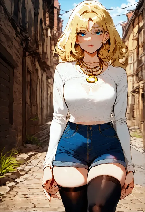  Blonde woman with medium hair , blue eyes, gold rings , Very pretty,  crescent shaped gold necklace ,  hourglass body , white top, Denim shorts,  knee-length black stockings and converse.