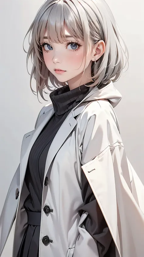 【highest quality, Tabletop】 [girl, coat, Expressionless, Positive, Grey Hair, Slender beauty,Straight Hair, short hair ,Upper Body] (Gray white background:1.5),No smiles,