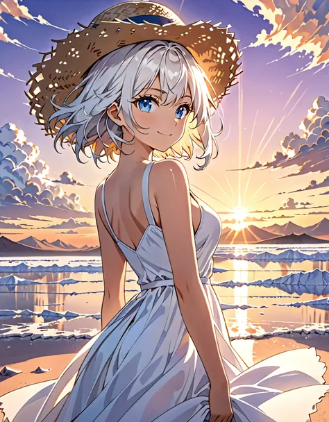 1girl, masterpiece, extremly detailed, (beautiful detailed glow), lens flare, white hair, short hair, floating hair, looking back, back behind, smile, blue eyes, white dress, medium breasts, upper body, wide shot, straw hat, ((salar de uyuni)), sunrise, cl...