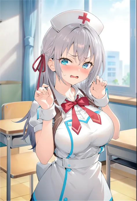 alisa mikhailovna kujou,tooki bosotto roshia-go de dereru tonari no arya-san, classroom, ((cosplay, nurse outfit)), shy expression, (gravure idol pose), large breasts, slim waist, fair skin, amazed expression, long fine hair, cute, anime girl, game CG illu...