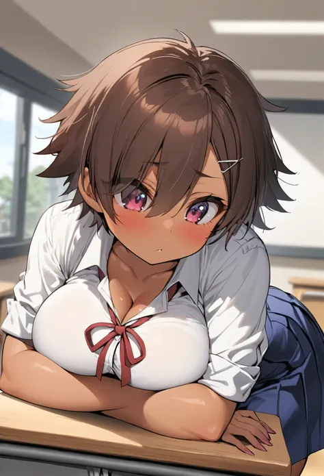 one girl, anime tomboy, tan skin, short brown hair, spiky hair, burgundy eyes, school uniform, blue skirt, white button-up, red ribbon, gyaru style clothes, kogal, large breasts, thick thighs, bored,, sitting at desk, school background, breast rest, breast...