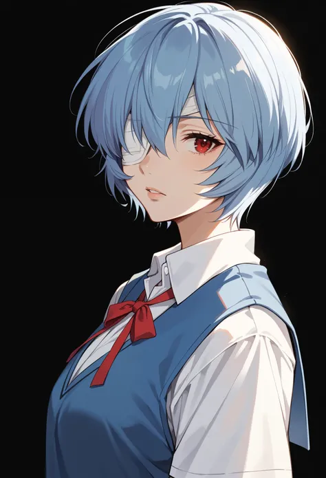 score_9, score_8_up, score_7_up,1girl, ayanami rei, solo, red eyes, short hair, blue hair, ribbon, bandage over one eye, school uniform, neck ribbon, red ribbon, looking at viewer, bandages, tokyo-3 middle school uniform, shirt,white shirt, short sleeves, ...