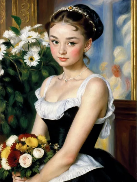 young Audrey Hepburn in a black dress with a bouquet of flowers, Portrait of an actress,  inspired by Franz Xaver Winterhalter , Portrait of Lolita, Auguste Renoir  , Degas,  portrait of a young empress ,  young woman , , portrait of  young woman 