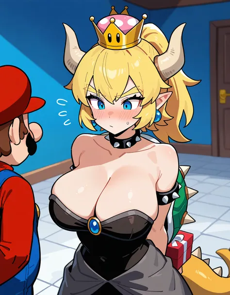 1girl, 1boy, bowsette, mario, mario(series), arms behind back, holding gift, hart shaped box, blush, indoors, masterpiece, best quality, very aesthetic, absurdres