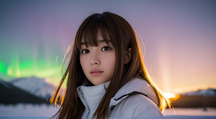 High definition, 4K, photo quality, realistic, soft light source, wide shot, Japanese, one girl, pretty girl, 20 years old, brown eyes, parted bangs, brown hair, medium hair, looking at camera, upper body.
Background, Aurora Borealis, Canada.