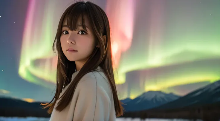 High definition, 4K, photo quality, realistic, soft light source, wide shot, Japanese, one girl, pretty girl, 20 years old, brown eyes, parted bangs, brown hair, medium hair, looking at camera, upper body.
Background, Aurora Borealis, Canada.