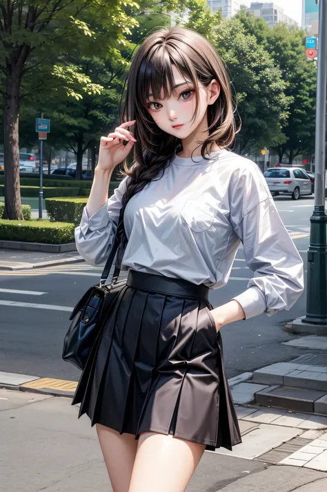 1 woman, posing at the evening park, wearing skirt and shirt, sexy posing