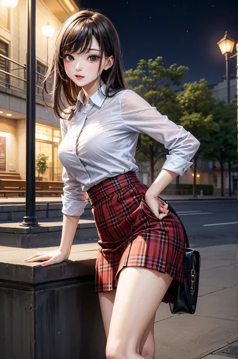 1 woman, posing at the evening park, wearing skirt and shirt, sexy posing