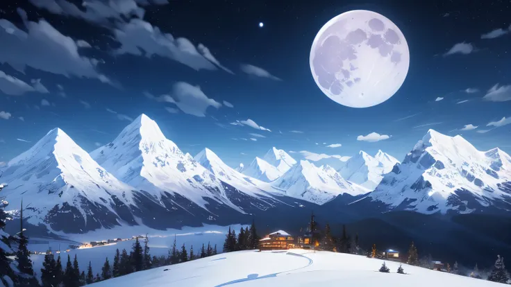 Night, dark night sky ,  snowy mountain tops, full moon