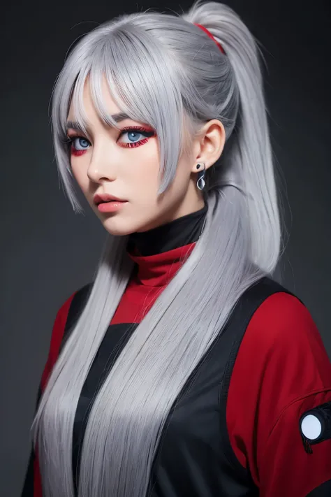 Gray Hair　 Long Ponytail 　Red right eye　Blue left eye　 odd-eye　woman　