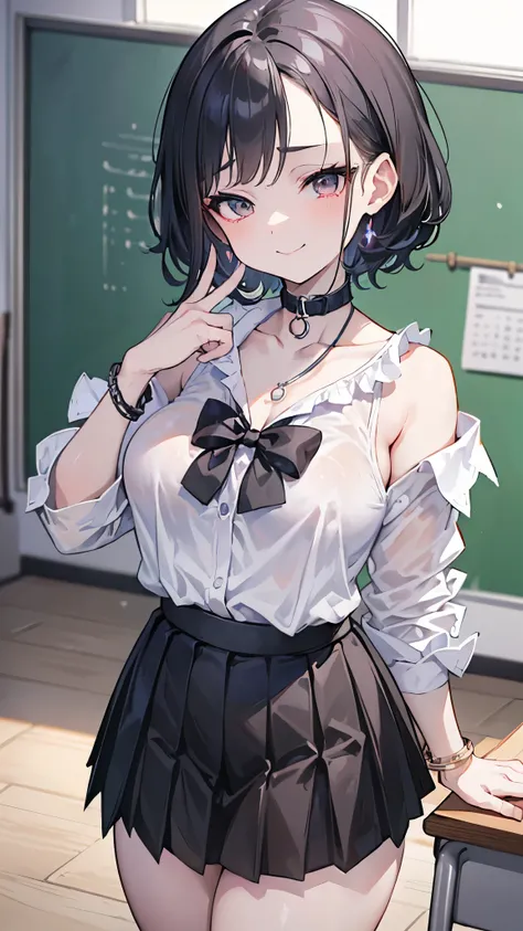 ((masterpiece、 best quality、 Very detailed))、 one girl who is at ease、improve、 black hair、 Short Hair 、asymmetrical bangs、 gray eyes、evil smile、Moderate breasts、(( white collared shirt ))、((clavicle))、 Necklaces 、 bracelet、(( black pleated skirt))、((micro ...