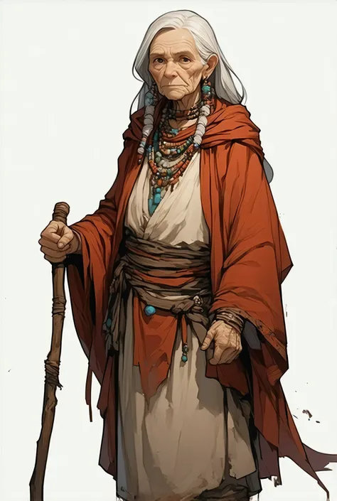 1girl, full body sprite, from the front, visual novel, very old woman, wooden cane, back, serious expression, elderly woman, detailed wrinkles, white hair, very long hair, slightly messy hair, piercing gaze, ancient woman, tribal accessories, rustic jewelr...