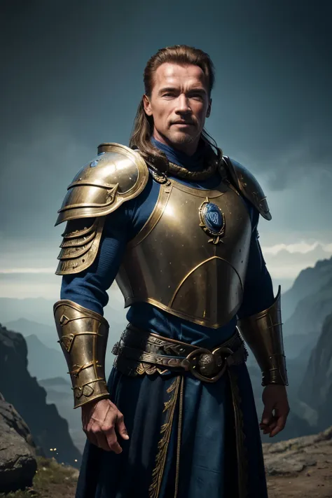 Arnold Alois Schwarzenegger, 30 years old, blue medieval armor with gold embroidery, mysterious smile, scandinavian, atmospheric scenery of the Game of Throne, masterfully rendered in high-resolution, 8K quality, with ultra-realistic, photorealistic shadin...