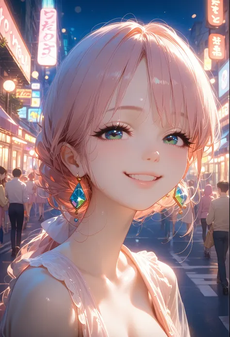 Anime Girl Beauty, ideal anatomy, Bright, sexy, walkimg down a busy city street, neon light falls on her beautiful face, skirt is very short, Full Detailing, masterpiece, bright colors, score_9, score_8_up, score_7_up, dramatic lighting, highly detailed, h...