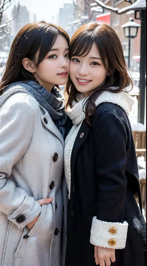 ( best quality, masterpiece, photorealistic, super detailed , ultra high resolution, born:1.3), ( 4X-UltraSharp ), (2girls, , Japanese), Big Breasts, (Trying to kiss), (Down coat、 yarn cap 、Woolen scarf:1.2), (Embrace each other)、bangs, Long Hair, fr...