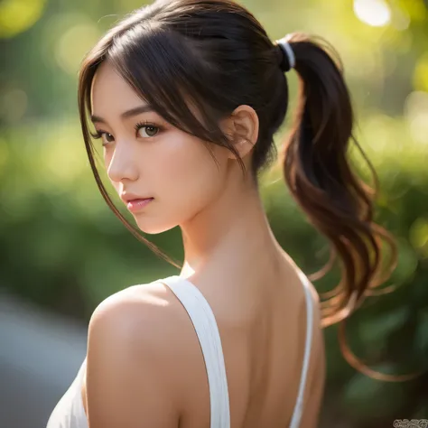 Sexy 21 year old, asian american, green eyes, beautiful, brunette,small mouth, sensual lips, ultra detail, 4K,16K, HDR, pphotorealistic, sexy, hot, long hair, pony tail hairstyle, tanned complexion