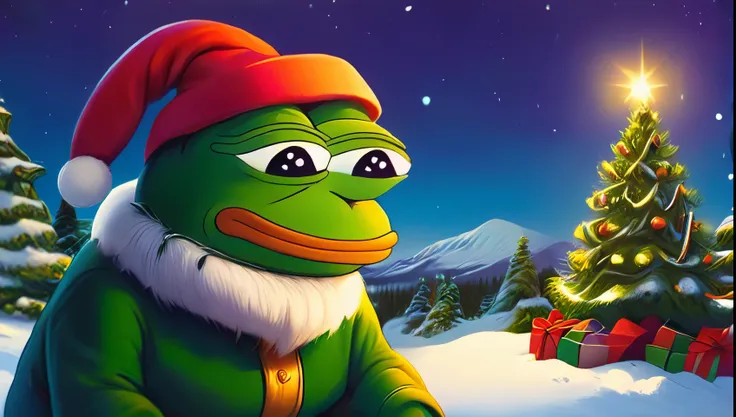 pepe the frog, pepe the frog dressed as an elf, green santa hat, cartoon style, whimsical, vibrant colors, cute, humorous, peaceful, christmas, snowy, detailed textures, cinematic lighting, digital painting, no additional characters, cartoon, funny meme, i...