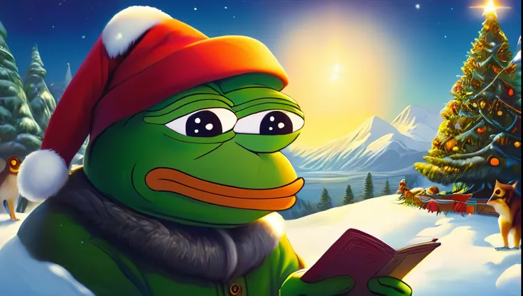 pepe the frog, pepe the frog dressed as an elf, green santa hat, cartoon style, whimsical, vibrant colors, cute, humorous, peaceful, christmas, snowy, detailed textures, cinematic lighting, digital painting, no additional characters, cartoon, funny meme, i...