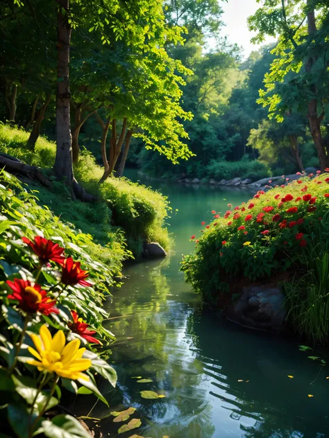 (best_quality, masterpiece:1.2), (highly detailed), (4k, 8k, uhd, high_resolution, highres), riverbank, lush foliage, clear water, warm ray of sunlight, tranquil, serene, beauty of nature, scenic view, yellow flowers, burning red flowers, dried flowers,