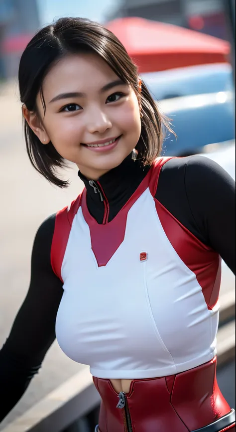 （8k、Raw photography、Best Quality、masterpiece：1.2),(Black Hair、Dark Eyes:1.9),(red plug suit:1.5)、 viewers,Front View,(hero, red ranger:1.4)、(Tight waist:1.6)、(Clothes that accentuate the shape of the breasts:1.4)、(Big Breasts :1.4)、 Slim Body 、 ultra high ...