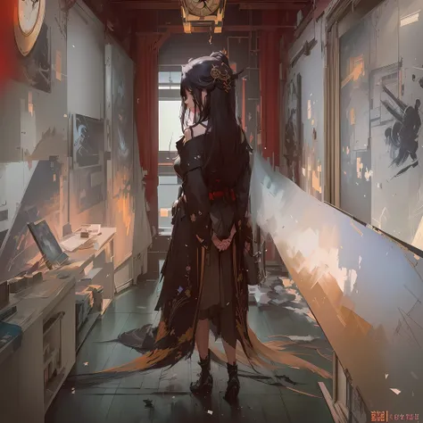 there is a woman standing in a room with a clock, guweiz on pixiv artstation, artwork in the style of guweiz, guweiz on artstation pixiv, painted in anime painter studio, illustration concept art, guweiz, a beautiful artwork illustration, digital art on pi...