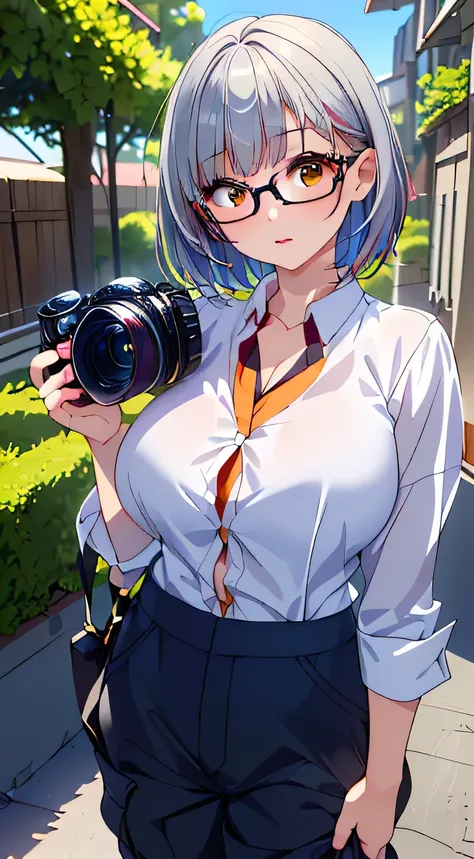 (Glasses girl),(((Woman taking pictures of tourist spots with a handheld SLR camera))),(((silver and orange mixed color hair))),(Shiny bob cut hair),  hair ornament ,  natural makeup,((( Baggy cargo pants :1.3,Work clothes are too big  :1.3))),Field work l...