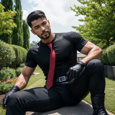 30years old, One Man,、 black shirt、Red tie、 black slim pants 、 Black Gloves 、 black boots、Combatant、With a pistol on his hip、garden、　 sitting with legs open 。short hair 、更にshort hair 、 undercut 、Stubble　Muscular　Asian Face　 black shirt 　View from below　Upp...