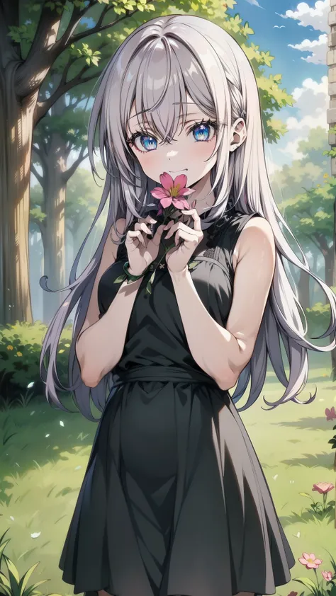 " An anime-style scene portraying a beautiful girl with long, silky white hair,  slightly disheveled by the breeze ,  with multicolored blue eyes that reflect the evening light .  Shes standing on a covered green hill with small, colorful flowers ,  lookin...