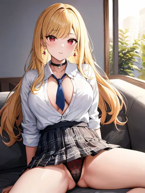 masterpiece, highest quality, High resolution, Kitagawa Marin, 1 girl, blonde hair, long hair, colorful hair, red eyes, jewelry, earrings, earrings, , white shirt, tide shirt, black choker, blue tie, plaid skirt, spread your legs, Lace black panties, panty...