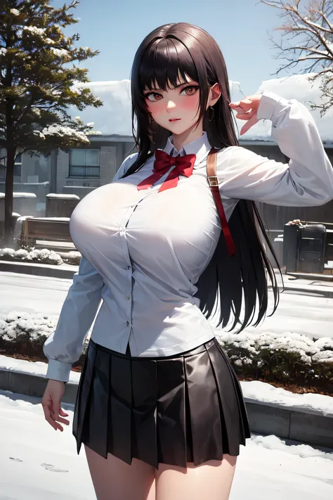 (masterpiece, best quality:1.2), highres, skin_detail, face_detail, lustrous_skin:1.4, skindentation, defTifa, 16yo, School shirt, school skirt ultra_massive_natural_breasts:1.4, (innocent_big_eyes:1.0), light_blush, winter, snow, outdoor, garden, cute, {s...