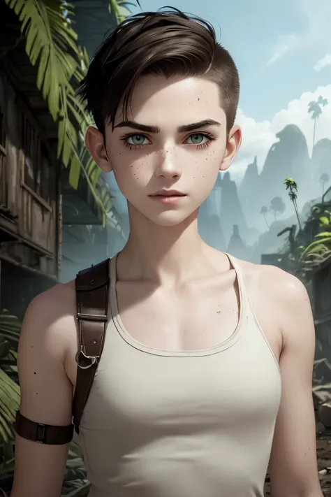 A postapocalyptic setting: A happy young female priestress with very short dark-brown undercut. Shaved sides. Tomboyish. Androgynous. Slim. Almost flat chest. Extremly pale skin with liverspots. A narrow soft face. Round chin. Curved lips. A long and wide ...