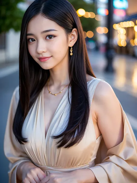 (Best-quality, Masterpiece, Ultra-High-Resolution, (Photorealistic:1.4), Raw Photo, depth of field, professional lighting), (1girl, (((15-years-old))), (((most famous Japanese-idol))), ((innocent smile)), looking at viewer), ((wearing luxurious evening-dre...