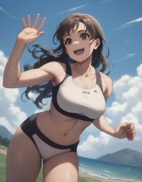 score_9, score_8_up, score_7_up, gsfghtr, ((long straight hair)), white sport bra, white sport panties, 1girl, smile, open mouth, wave hand, hills, sweaty, blue sky, bright, midday afternoon, from bottom