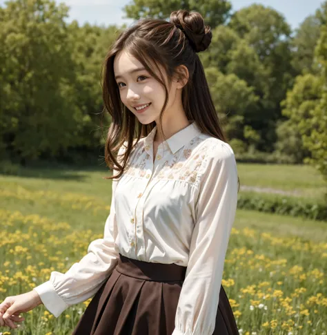 pretty girl , bun hair, brown hair,delicate,smile,masterpiece,field, long-sleeved blouse