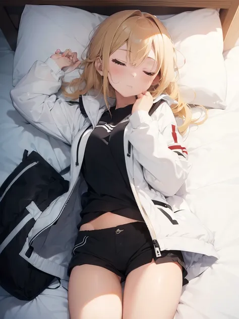 1girl, 21 yro, dakimakura shot, medium blonde hair, white jacket, black mini shorts, sleeping on the bed, unconscious, eyes closed, cute, absurdres, high res, ultrasharp, 8K, masterpiece,