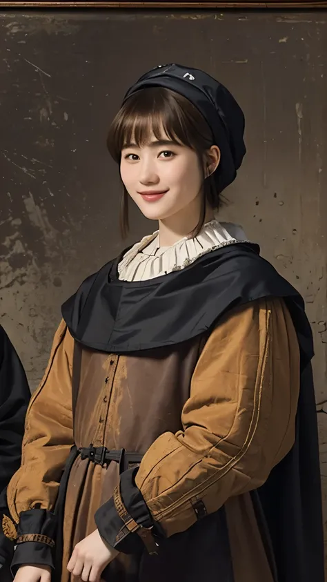 326 ( 20 year old woman and 20 year old man working in a stable), ( super real ), (horse barn、There is a horse), ( short hair), (smile), (( gorgeous costume)), ((Rembrandt-style painting))