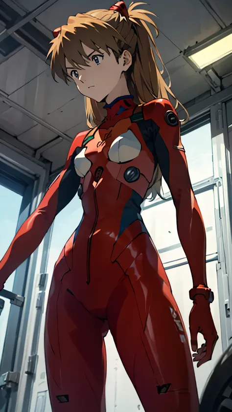 Asuka Langley, bodysuit, headgear , PLUG SUIT, red bodysuit, Open your crotch and feel ashamed,Photo from below, from behind, small breasts,Inside the cockpit, small breasts