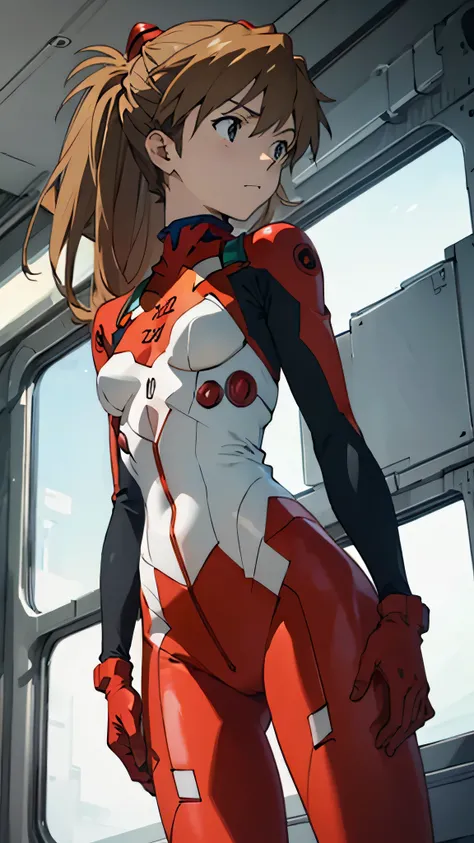 Asuka Langley, bodysuit, headgear , PLUG SUIT, red bodysuit, Open your crotch and feel ashamed,Photo from below, from behind, small breasts,Inside the cockpit, small breasts