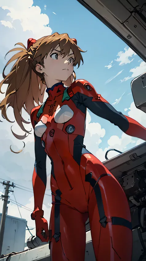 asuka　langley,  bodysuit,  headgear ,  plug suit, red  bodysuit, open your crotch and feel ashamed,photo from below,  from the f...