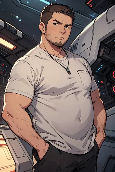 masterpiece, best quality, ultra-detailed, 1man, mature male, adult man, short hair, brown hair, gray shirt, sci-fi details on s...