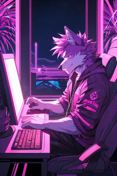 furry, male, (Realistic eye details:1.2), (beautiful detailed eyes), anime characters style picture of a wolf man playing a video game in a room with a video game, jen bartel, outrun art style, [ synthwave art style ], [ synthwave art style ]!!, synthwave ...