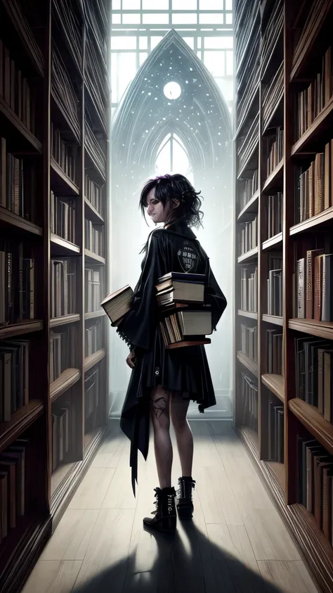 Image of a punk girl with messy Chanel hair standing in a library with books, endless books,  space library transported works of art , book cave,  fantasy book illustration ,  spiral shelves full of books , Infinite Celestial Library, , Epic Gothic library...