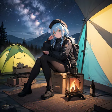 masterpiece, best quality, ultra-detailed, illustration, 1girl, solo, outdoors, camping, night, mountains, nature, stars, moon, bonfire, tent, twin ponytails, green eyes, cheerful, happy, backpack, sleeping bag, camping stove, water bottle, mountain boots,...