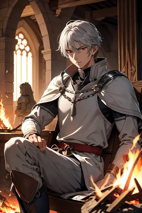 medieval character, Paladin Warrior, Gray hair,  strong and tall thin , young man vigorous  , light red eyes,Abdomilaes and angel face, sitting by a campfire 