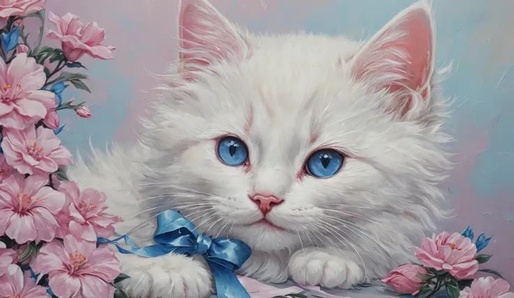 Alayna Lemmer style painting of a white pink kitten with a white blue eyes kitten with ribbons. with flower eyes Resting (professional painting, dynamic pose, dynamic compositions, dynamic lighting, realistic proportions, highy detailed, details Intricate,...