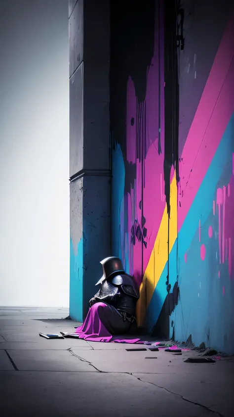 (masterpiece, best quality:1.2), Graffiti Comics，Graffiti, wall, whole picture, High resolution and high contrast,simple,knight，alone，Abstract surreal colors, popular geometric surrealism, rainbow colored dreams,altere tudo