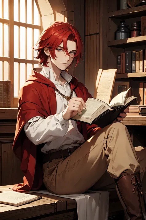 Medieval male character , Young Sorcerer, red hair color ,  white shirt ,  brown pants up to the middle of the calves, brown hood . pale white skin, with a magic book ,  sitting in a tavern